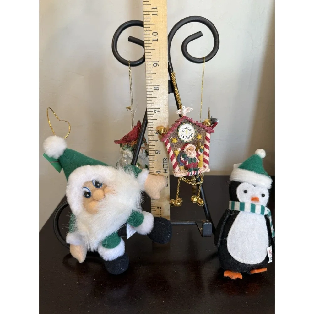 Lot of 5 Christmas Ornaments VTG Red Green Santa & Snowman Plush Music Box Clock